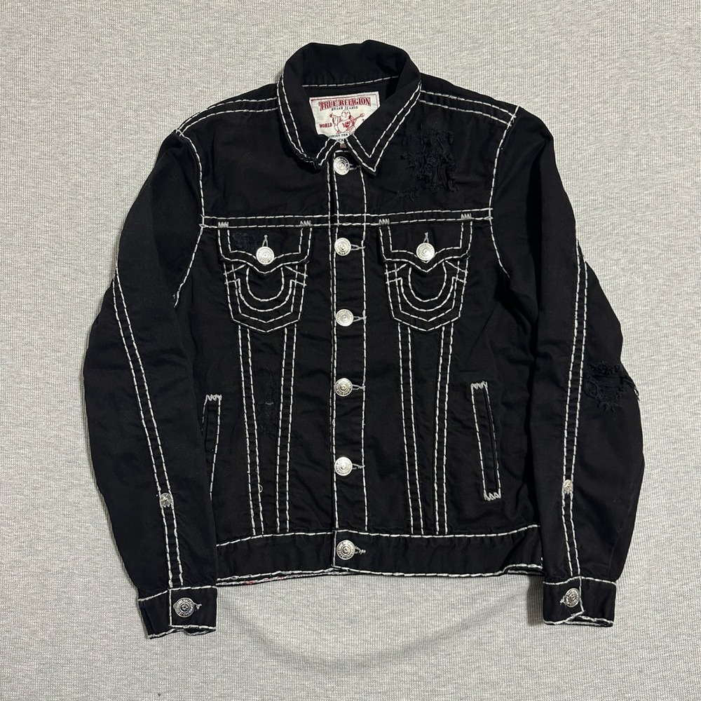 True Religion NTRL Super T Distressed Denim Trucker Jacket Black Size Large